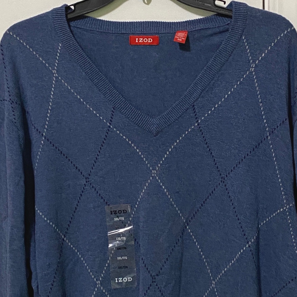IZOD Mens Blue Argyle V-Neck 100% Cotton Sweater XXL Preppy Classic Ivy League
